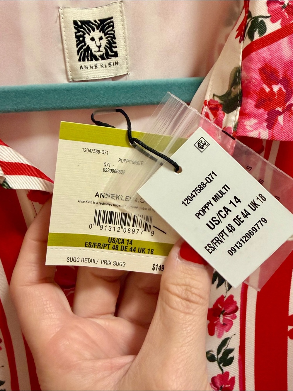 NWT Anne Klein Women's Size 14 Printed Red and Pink Flounce-Hem Shirtdress - Picture 2 of 7